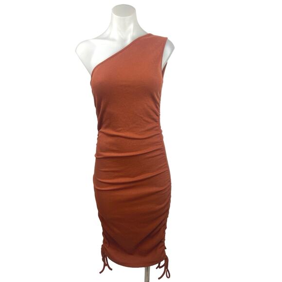 Shein Brown Ribbed Knit One Shoulder Sleeveless Mini Ruched Bodycon Dress Size L - Picture 1 of 5